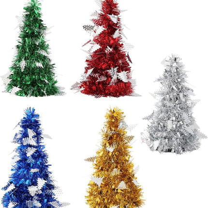 5Pcs Mini Christmas Tree Decoration Shiny Metallic Artificial Desktop Trees with Pendants Miniature Trees for Holiday Party Tabletop Decor