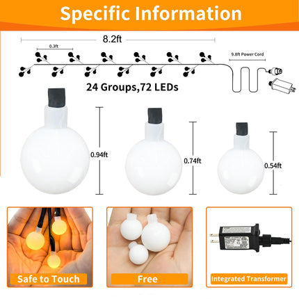 Curtain Lights Indoor Outdoor, 8.3ft 8 Modes 72 Led Globe String Lights Plug in, Window Lights for Patio Garden Wedding Party Bookshelf, Christmas Decorations, Warm White
