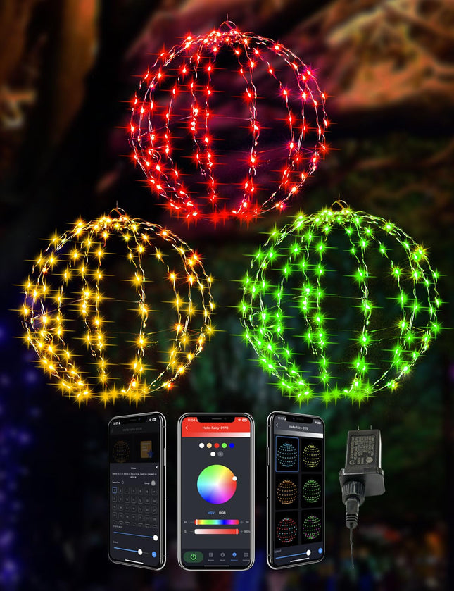 3 Pack 12" Smart Sphere Hanging Christmas Ball Lights Outdoor, Preset Lightshow Foldable Color Changing Christmas Lights, Bluetooth APP RGB Fairy Lights for Christmas Decorations
