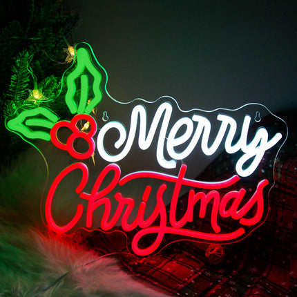 Merry Christmas Neon Signs，Dimmable Christmas LED Light Sign XMAS Holly Berries Neon Light For Holiday Party Home Bar Festival Wall Decor USB Powered