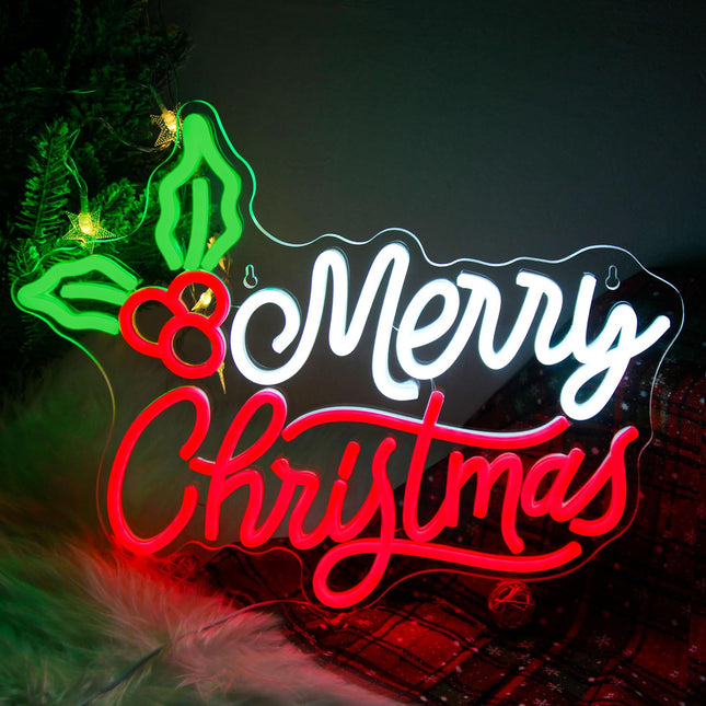 Merry Christmas Neon Signs，Dimmable Christmas LED Light Sign XMAS Holly Berries Neon Light For Holiday Party Home Bar Festival Wall Decor USB Powered