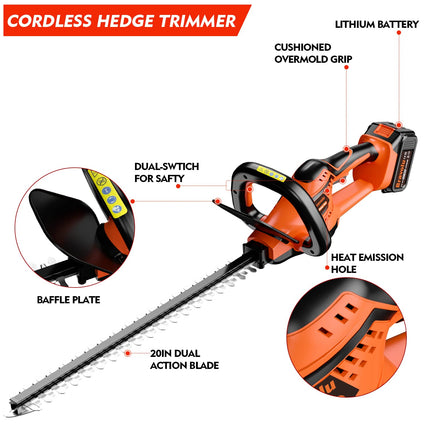 Bravolu 21V Cordless Hedge Trimmer, 20" Dual-Action Blade, Hedge Trimmer Cordless with 4.0Ah Battery and Fast Charger, 1400 RPM, Electric Hedge Trimmer for Shruber and Yard Hedge Cutting