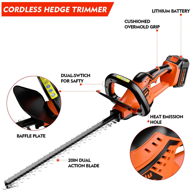 Bravolu 21V Cordless Hedge Trimmer, 20" Dual-Action Blade, Hedge Trimmer Cordless with 4.0Ah Battery and Fast Charger, 1400 RPM, Electric Hedge Trimmer for Shruber and Yard Hedge Cutting