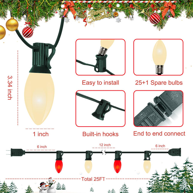 Vintage C9 LED Christmas Lights 25Ft C9 Outdoor Red and White Christmas String Lights with 26 Shatterproof LED Bulbs, Hanging Vintage Christmas Lights for Holiday Party Roofline Backyard Garden Decor