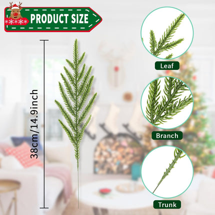 24Pcs Norfolk Pine Branches Stems 13.5" Artificial Pine Needles Sprigs Norfolk Pine Garland Accessories Vase Fillers Winter Fake Christmas Tree Picks Greenery Sprays for DIY Wreaths (24, Green)