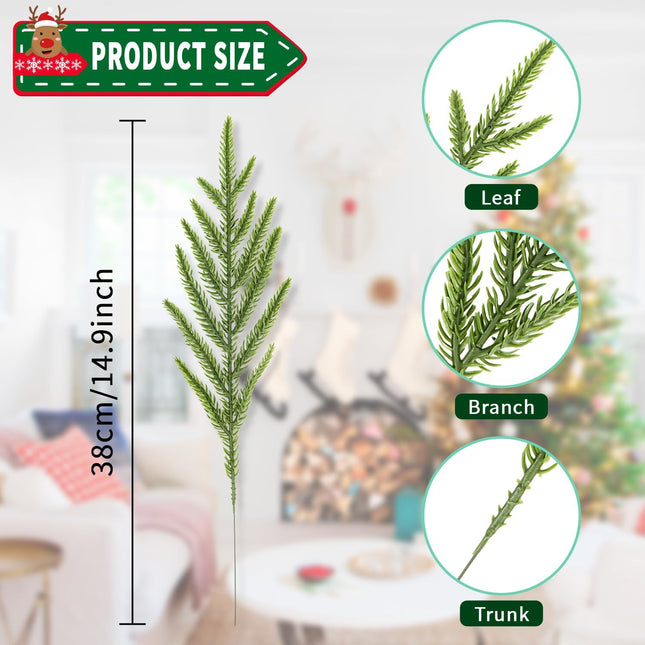 24Pcs Norfolk Pine Branches Stems 13.5" Artificial Pine Needles Sprigs Norfolk Pine Garland Accessories Vase Fillers Winter Fake Christmas Tree Picks Greenery Sprays for DIY Wreaths (24, Green)