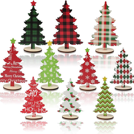 10 Pack Wooden Christmas Tree Tabletop Decorations, 7 Inch 6 Inch Red and Green Plaid Xmas Tree Table Centerpieces Farmhouse Rustic Christmas Decor for Home Shelf Tiered Tray Decor