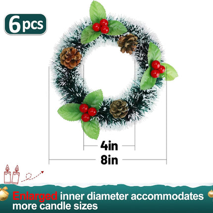 6 Pcs 4.1 inch Christmas Candle Rings- Xmas Artificial Berries Candle Wreath Holder with Pine Cones for Pillar Rustic Wedding Centerpiece Holiday Table Decoration