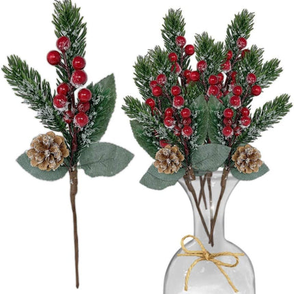 BANBERRY DESIGNS Holiday Pine Snowy Flower Picks 10 Pieces - Snow Flocked Red Holly Berry Pine Cone Floral Sprays -Decoration AMD Crafting - Measures 11" L