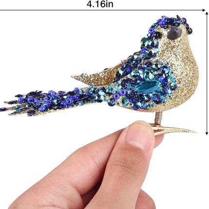 6pcs Artificial Bird with Clip- 4.25" Blue/Gold Bird Chrsitmas Tree Ornament Christmas Holy Wreath Decorations