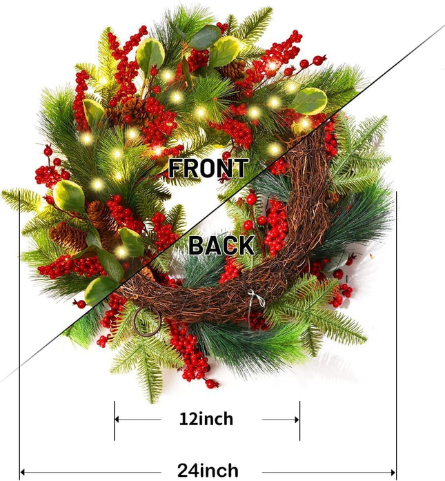 Winter Christmas Wreaths for Front Door Outside 24” Christmas Door Wreath with 60 LED Lights and Red Berries for Indoor Outdoor Home Fireplaces Wall Xmas Party Decor,Lighted Large Christmas Wreath