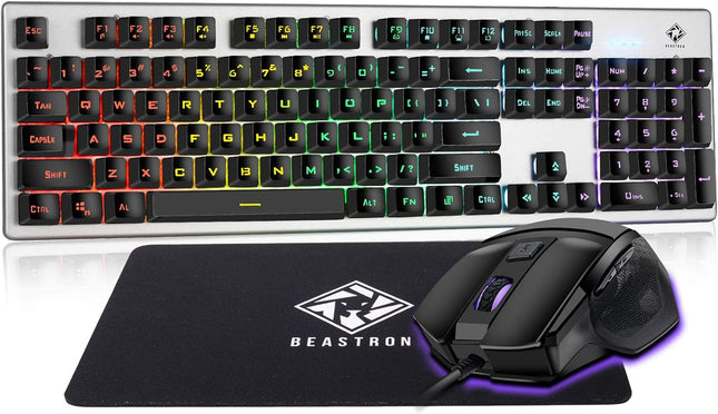 Beastron Gaming Keybaord and Mouse Gaming Mouse Pad, LED Rainbow Backlit USB Wired Computer Keyboard 104 Keys Mechanical Feel Gaming Keyboard Set for Windows PC Gamer, Black