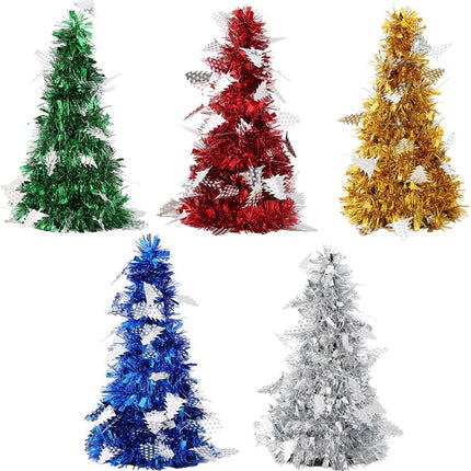 5Pcs Mini Christmas Tree Decoration Shiny Metallic Artificial Desktop Trees with Pendants Miniature Trees for Holiday Party Tabletop Decor