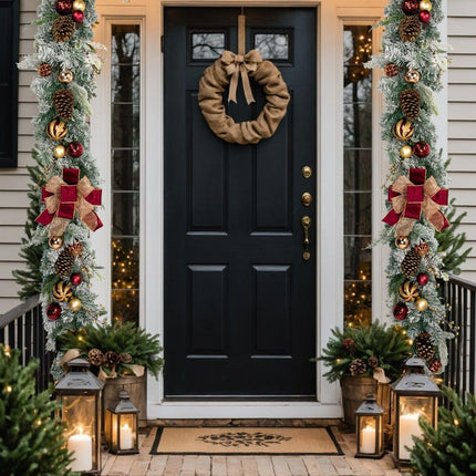 Christmas Garland for Front Door, 6 Foot Artificial Unlit Winter Garland with Pine Cones, Berry Clusters, Burgundy Ball Ornaments and Ribbon for Thanksgiving Holiday Christmas Decoration