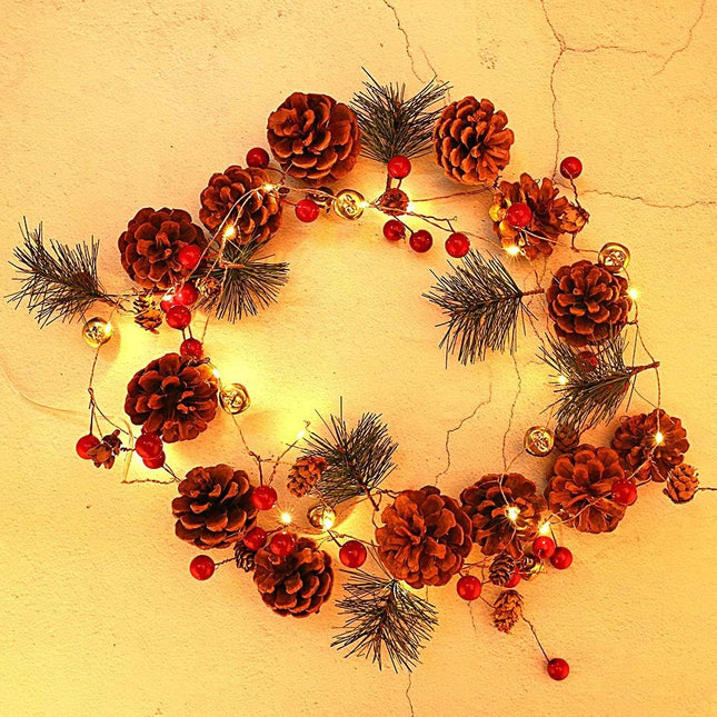 Christmas Garland with Lights,Red Berry Pine Cone Garland,6.56FT 20 LED Battery Operated Christma Garland String Lights,Xmas Decor for Home Table Fireplace Mantel Christmas Decorations