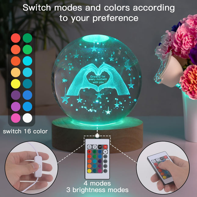 3D Crystal Ball Night Light, 16 Colors 4 Modes, Remotely Controlled, Night Light Room Decor, Funny Christmas Valentine's Day s for Girlfriends, Wives, Daughters, Moms