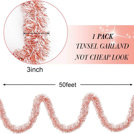 Willbond 50 Feet Christmas Tinsel Garland for Christmas Tree Decorations Metallic Tinsel Twist Garland Wedding Birthday Hanging Decorations Party Supplies (Milky, Rainbow, Rose Gold)