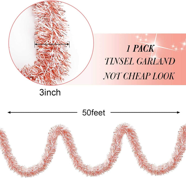 Willbond 50 Feet Christmas Tinsel Garland for Christmas Tree Decorations Metallic Tinsel Twist Garland Wedding Birthday Hanging Decorations Party Supplies (Milky, Rainbow, Rose Gold)
