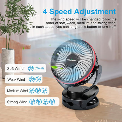 Keynice Battery Operated Fan With Hanging Hook, Portable Camping Fan With Night Light, 4 Speeds, Sturdy Clamp, 360° Rotation
