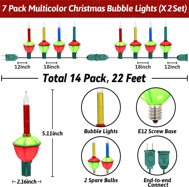14Pcs Multicolor Christmas Bubble Lights for Christmas Tree Vintage Christmas Lights, 22Ft Bubbling Christmas Lights for Vintage Christmas Decorations for Tree Garland Mantel Yard, 5W, 2 Spare Bulbs