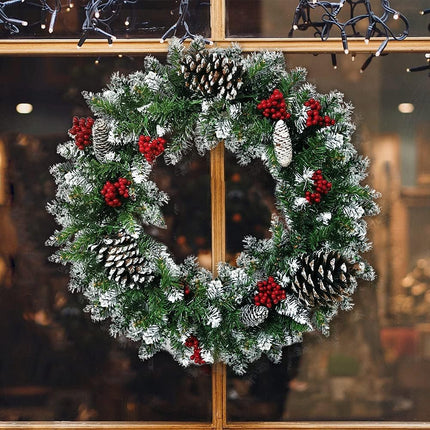 Christmas Wreath for Front Door, 18inch Pre-lit Artificial Xmas Wreath with Hook, 50 LED Lights&Timer for Door Window Wall Stairs Outdoor Decorations