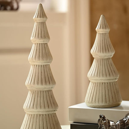 WONDROUS' DECO Wooden Christmas Tree Figurine, Tabletop White Tree Figurine, Set of 2 Desk Centerpieces for Christmas Decor