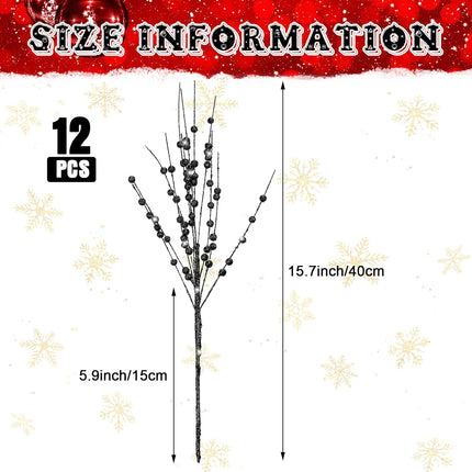 Jutom 12 Pieces Christmas Artificial Glitter Berry Stems 15.7 Holly Berry Picks Ornaments Fake Christmas Tree Pick Sticks Decorations Glitter Twig Branches for Vase Home Wedding Holiday (Black)