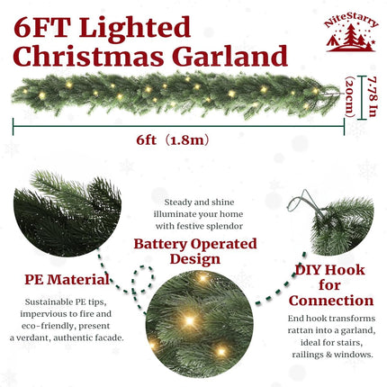 2 Pcs Battery Operated Christmas Garland, 6 FT Greenery Garland with 100 LED Lights String Christmas Decorated Table Mantle Background Wall Room Outdoor Indoor Winter Decoration