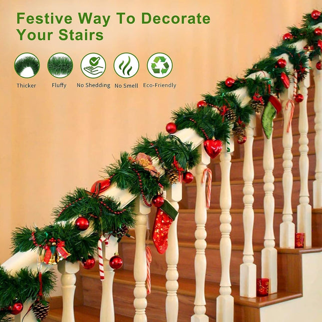 Christmas Garland Christmas Decorations, 33 Feet Green Outdoor Garland for Christmas Decor, Unlit Fluffy Twist Christmas Tree Garland for Stairs Railing, Staircase, Fireplace, Window, Door, Holiday