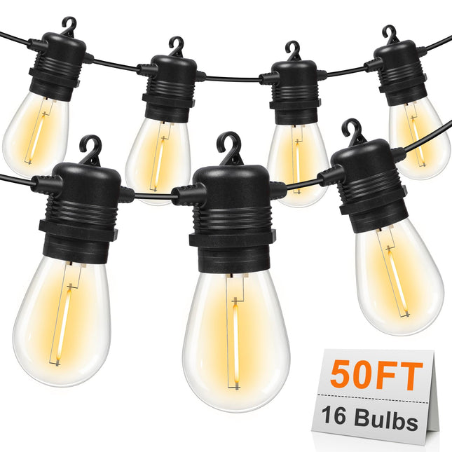 50FT LED Outdoor String Lights with 15+1 Vintage Shatterproof Waterproof S14 Bulbs, 2700K Commercial Grade Patio Lights, Outside Hanging Lights for Garden Porch Deck Decor
