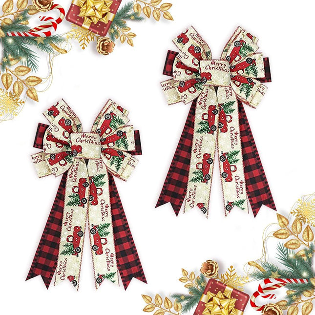 Threetols 2 PCS Large Christmas Bows for Wreath, Red Black Buffalo Plaid Wreath Bows Red Truck Bows for Front Door, Christmas Tree Bows for Winter Year Indoor Outdoor Decor