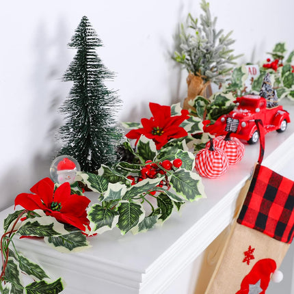 AnyDesign 15.7Ft Christmas Artificial Garlands with Red Poinsettias Berries Holly Leaves and Snowy Pine Cones Faux Vine Hanging Garlands for Winter Xmas Party Home Wedding Frame Backdrop Decor, 2Pcs