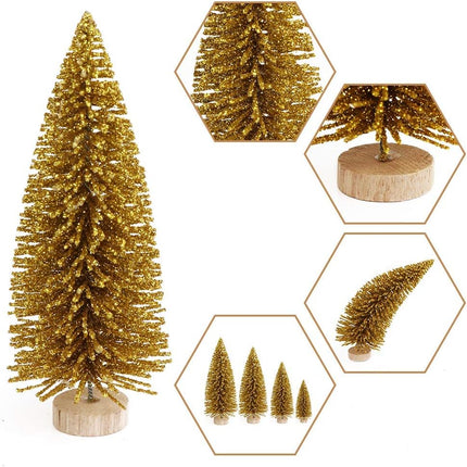 OurWarm 24Pcs Artificial Frosted Sisal Christmas Tree, Bottle Brush Trees with Wood Base DIY Crafts Mini Pine Tree for Christmas Home Table Top Decor Winter Ornaments Green, Gold and Ivory