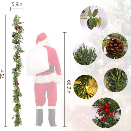 Christmas Garland with Lights, Pre-lit 6.25 FT Artificial Greenery Pine Cedar Eucalyptus Garland, Natural, Battery Operated, Decorate Mantle, Fireplaces, Front Door, Stairs Railing Xmas Decorations