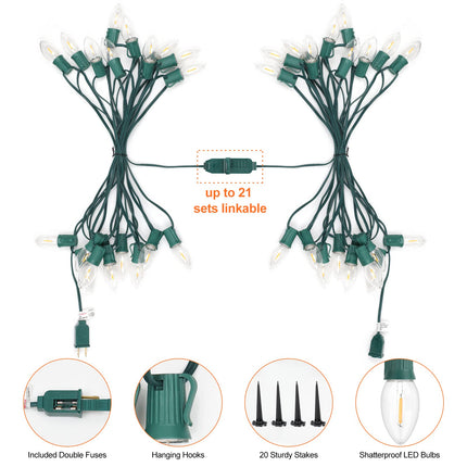 C9 Christmas String Lights for Pathway , 26FT LED 20 Clear Lights with 20 Stakes, Waterproof Shatterproof 2700K Warm White Linkable Walkway Lights for Outdoor Indoor Xmas Driveway Yard Garden Decor