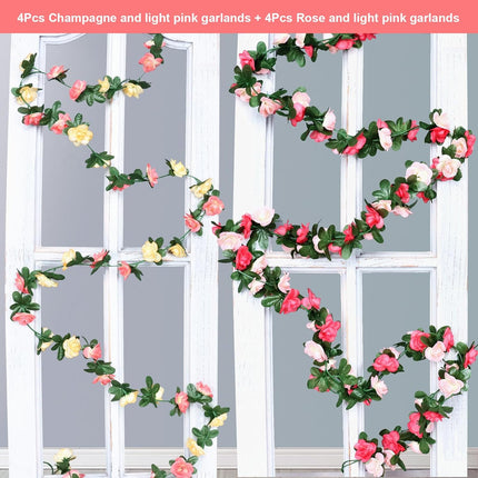 8pcs 66FT Flower Garland, Artificial Rose Vine Flowers with Green Leaves Silk Fake Hanging Flowers for Room, Anniversary Wedding Birthday Christmas Wall Backdrop Arch Decor, Champagne and Pink