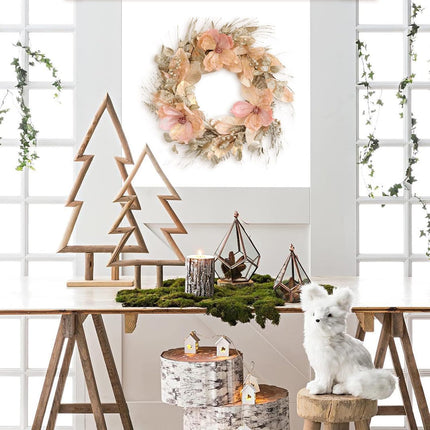 Idyllic 18 Inch Winter and Christmas Magnolia Flowers Gold Glitter Wreath for Home and Front Door Decor, Pink and Gold Magnolia Flower Wreath for Indoor