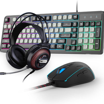 Camiysn Gaming Keyboard and Mouse Combo, 98-Key Layout Rainbow LED Backlit Keyboard and Mouse Gaming Headset Bundle, 3-in-1 Gamer Gift for PC Laptop, Black & Grey