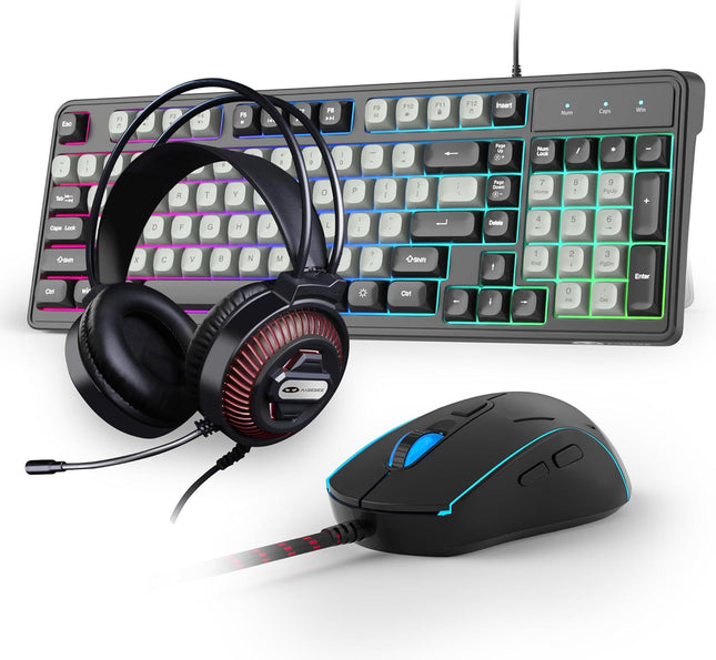 Camiysn Gaming Keyboard and Mouse Combo, 98-Key Layout Rainbow LED Backlit Keyboard and Mouse Gaming Headset Bundle, 3-in-1 Gamer Gift for PC Laptop, Black & Grey