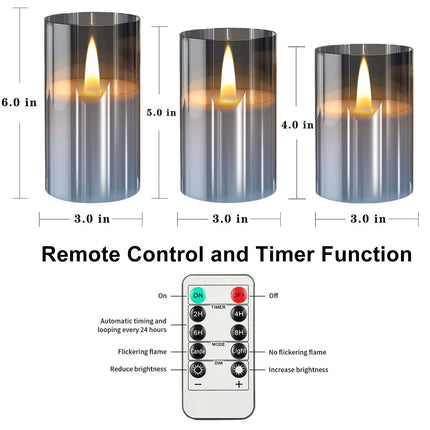 Grey Acrylic Flameless Candles, 5 Pack Plexiglass Pillar Candle Set, Warm White Light Electric Candles Battery Operated with 2 Remote and Timer for Valentines, Christmas, Bars and Hotel Decoration