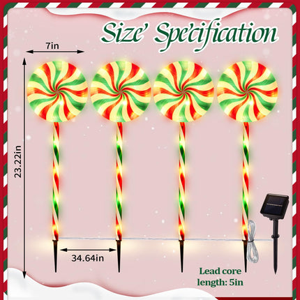 BRIGHTDECK Solar Lollipop Christmas Pathway Lights, Set of 4 Lollipop Stake Lights, 8 Lighting Modes Solar Christmas Decorations, LED Christmas Lights Outdoor Waterproof for Holiday, Walkway, Yard (B)