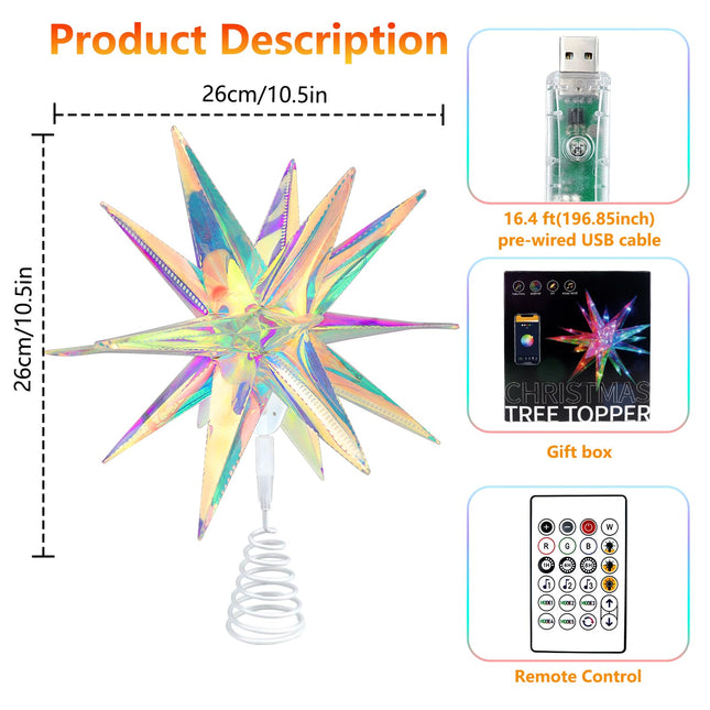Christmas Tree Topper Star, 3D Moravian Star Tree Topper, Iridescent Christmas Star Tree Topper Powered by USB, App Control LED Smart Christmas Light with Remote for Xmas Tree