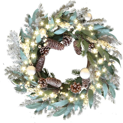 Qingbei Rina Pre-Lit Christmas Wreaths for Front Door,22 Inch Winter Door Wreath with Star Lights,Outdoor Christmas Wreath with Pinecones and Silver Balls, Xmas Windows Fireplace Farmhouse Home Decor