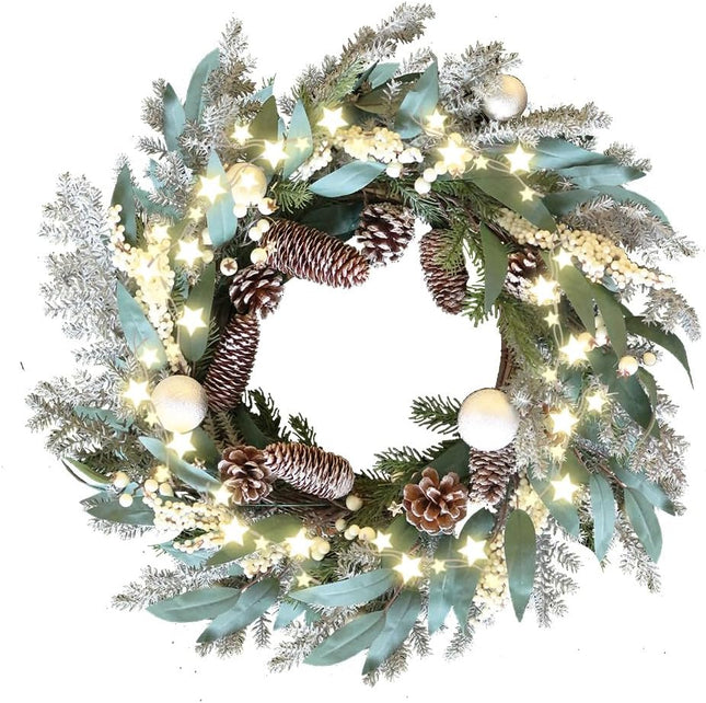 Qingbei Rina Pre-Lit Christmas Wreaths for Front Door,22 Inch Winter Door Wreath with Star Lights,Outdoor Christmas Wreath with Pinecones and Silver Balls, Xmas Windows Fireplace Farmhouse Home Decor
