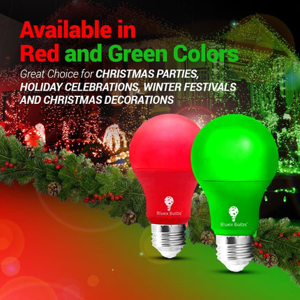Bluex Bulbs 2 Pack Bluex LED A19 Green Light Bulb - 9W (60Watt Equivalent) - E26 Base LED Green Lights, Party Decoration, Porch, Home Lighting, Holiday Lighting, Decorative Illumination Green Bulb