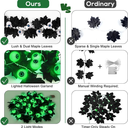 Ouddy Decor Lighted Halloween Garland, Total 10 FT 30 LED Black Maple Leaves Garland with Eyeballs Lights Waterproof Timer Battery Operated for Indoor Outdoor Home Halloween Decorations, Green