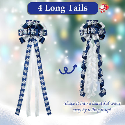 Glitter Christmas Tree Topper Bow with 53 Inch Blue Streamers Velvet Wired Ribbon,Large Christmas Bows with Snowflake Patterned for Wedding, Christmas,Party Decoration