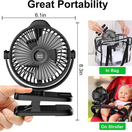 Minthouz Battery Operated Clip On Fan 8000Mah Rechargeable Portable Fan With Led Digital Display, 720° Rotation Small Desk Fan
