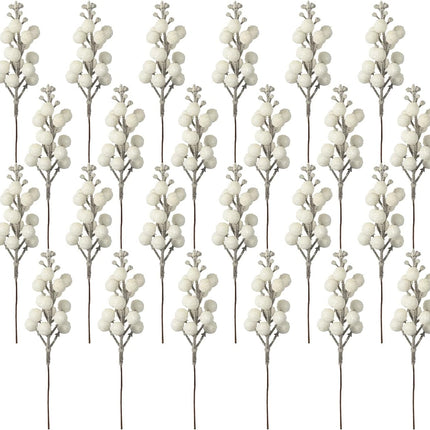 Crafare 24 Pack 7.5Inch Christmas Glitter Berries Stems Artificial Christmas Picks for Christmas Tree Ornaments, DIY Xmas Wreath, Crafts, Holiday and Home Decor, White