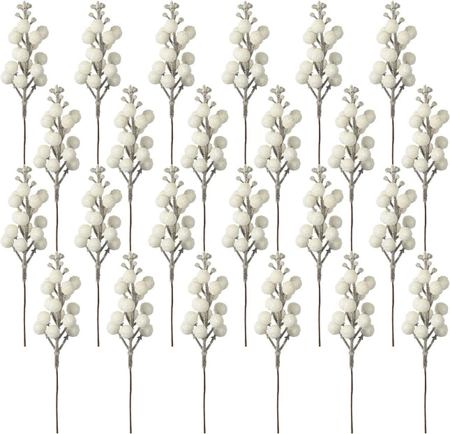 Crafare 24 Pack 7.5Inch Christmas Glitter Berries Stems Artificial Christmas Picks for Christmas Tree Ornaments, DIY Xmas Wreath, Crafts, Holiday and Home Decor, White